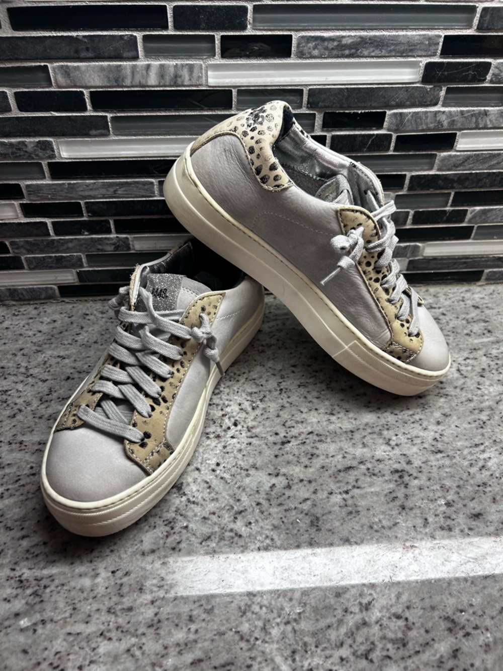 P448 Thea platform Gray Leather Sneakers with Beige Leopard Trim size 37= 6.5-7